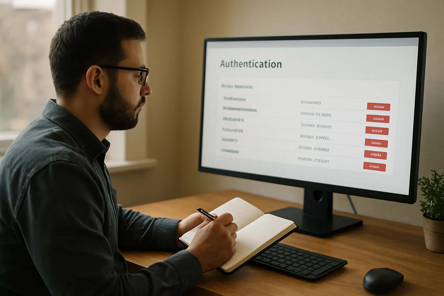 Un desarrollador revisa un panel de autenticación en una pantalla con sesiones activas, tokens y opciones de cierre de sesión.