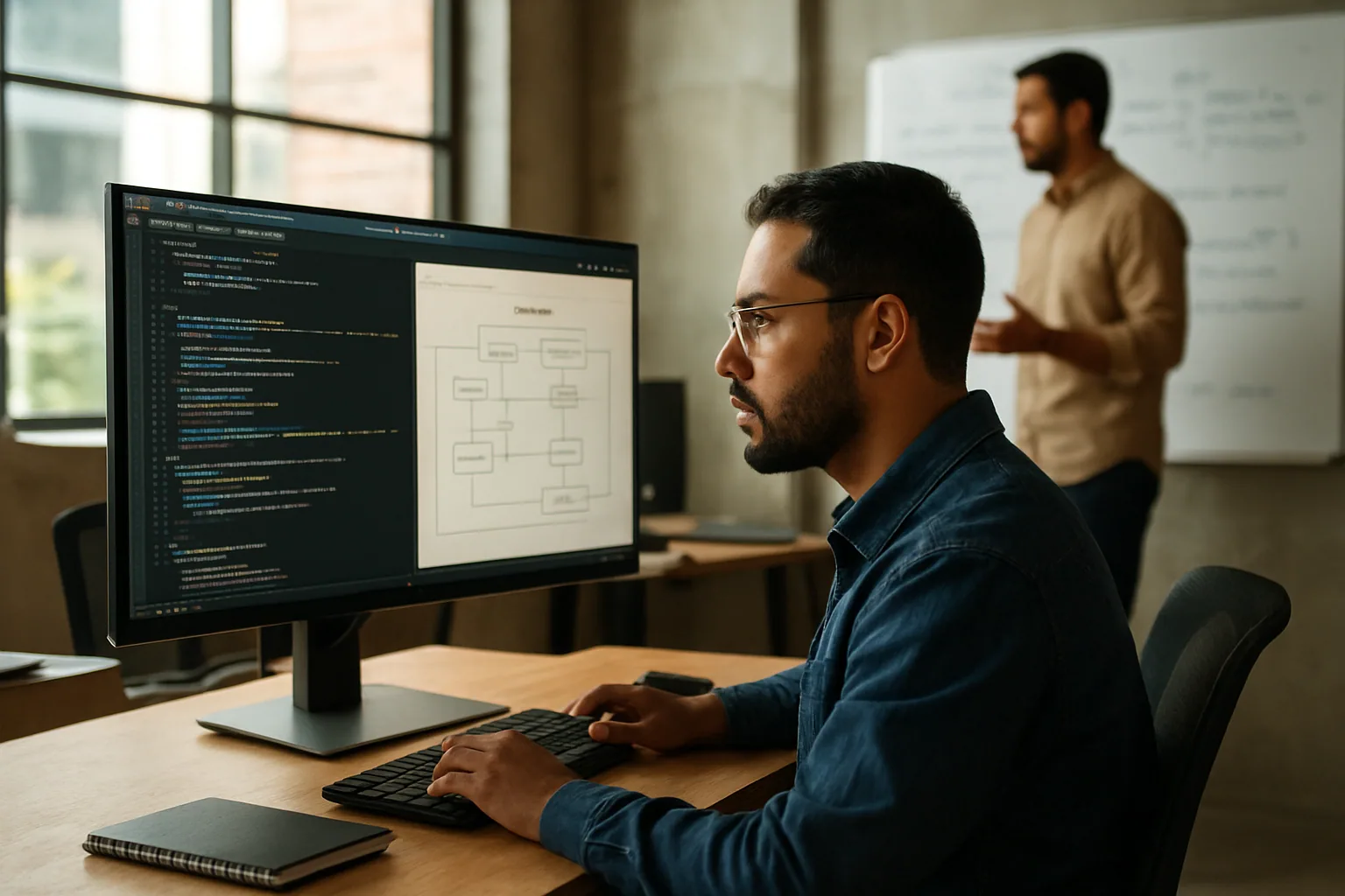Una persona revisa una terminal con Deno 2.8 abierto en una oficina moderna, con notas técnicas impresas y una pantalla secundaria mostrando logs de una app JavaScript.