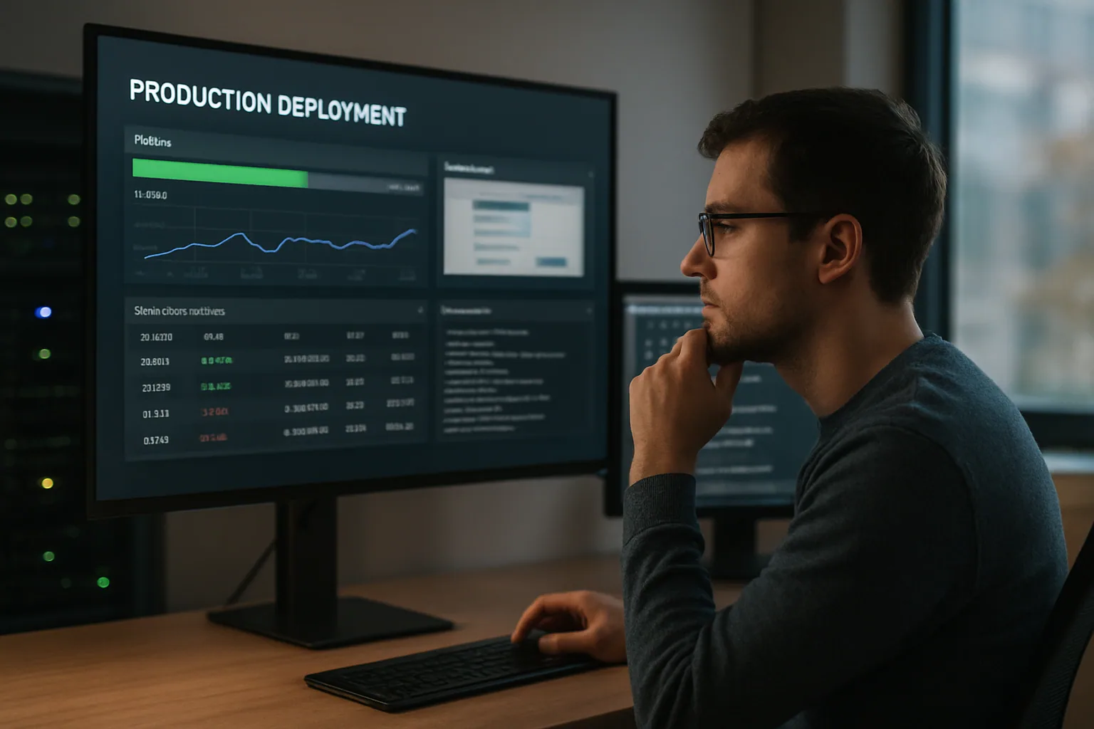Una persona revisa en una pantalla de monitoreo el despliegue de una app web con Next.js y Astro en un entorno de producción.