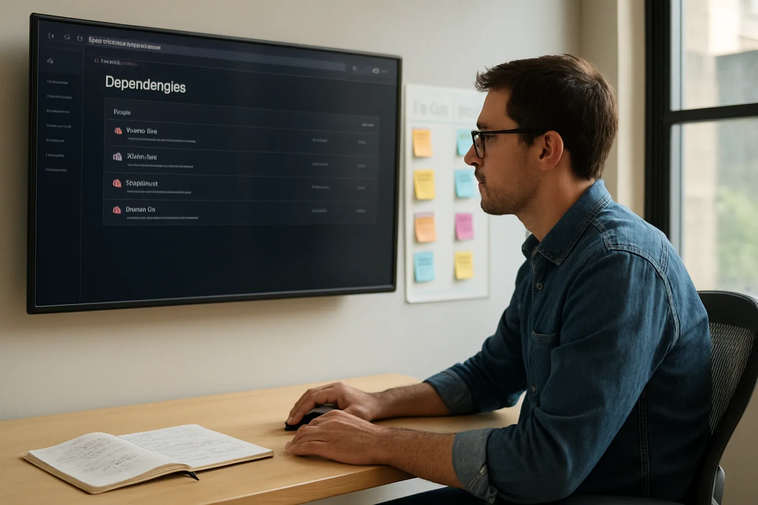 Una persona revisa alertas de dependencias en una pantalla de monitoreo dentro de una oficina técnica, con notas de revisión y un tablero de cambios al fondo.