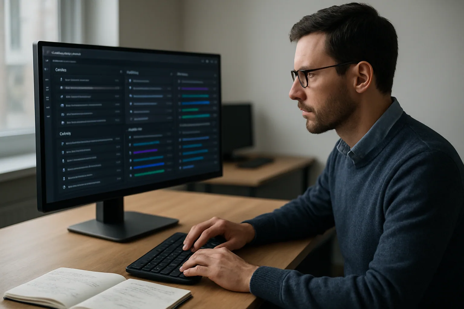 Una persona revisa un panel de pull requests y alertas de dependencias en una pantalla de oficina, con varias actualizaciones agrupadas y una libreta al lado.