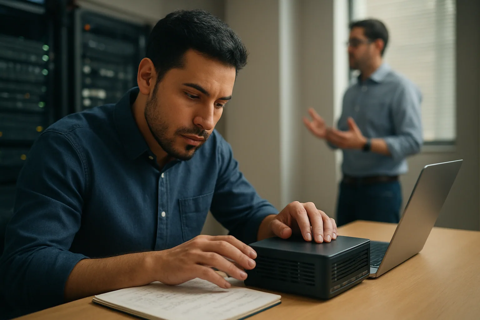 Una persona revisa un pequeño servidor de escritorio junto a una estación de trabajo en una oficina técnica, mientras un equipo evalúa opciones de IA local y servicios cloud.
