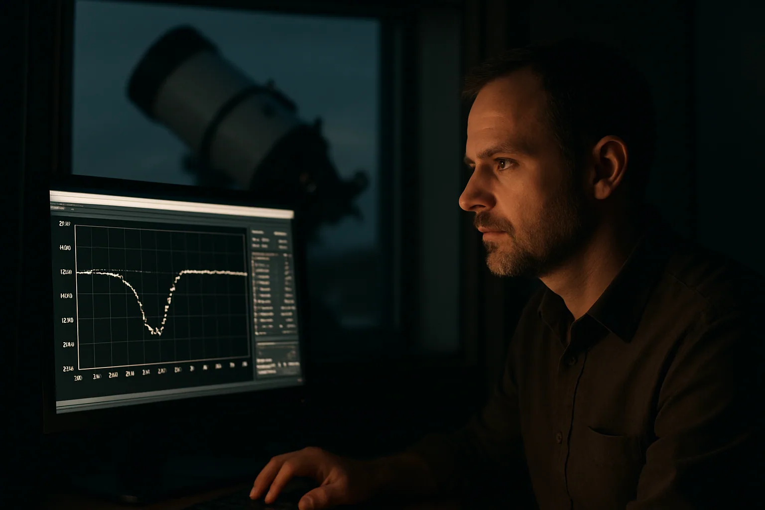 Un astrónomo observa datos de un telescopio en una sala oscura mientras en una pantalla se ve la curva de tránsito de un exoplaneta.