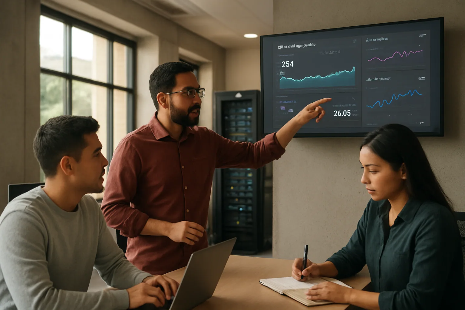 Un equipo pequeño de ingeniería revisa métricas de despliegue en una sala de trabajo moderna mientras una pantalla muestra paneles de infraestructura cloud y tráfico de API.