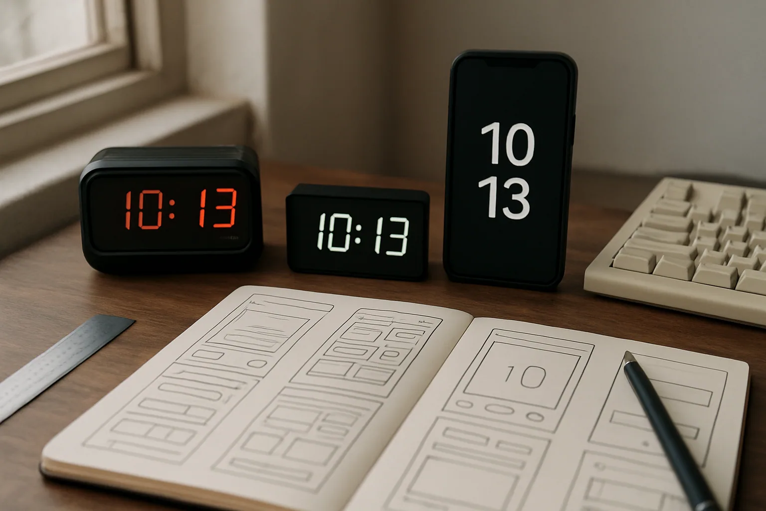 Una mesa de trabajo con varios relojes digitales físicos y pantallas pequeñas mostrando horas en distintos estilos, junto a una libreta y herramientas de diseño.
