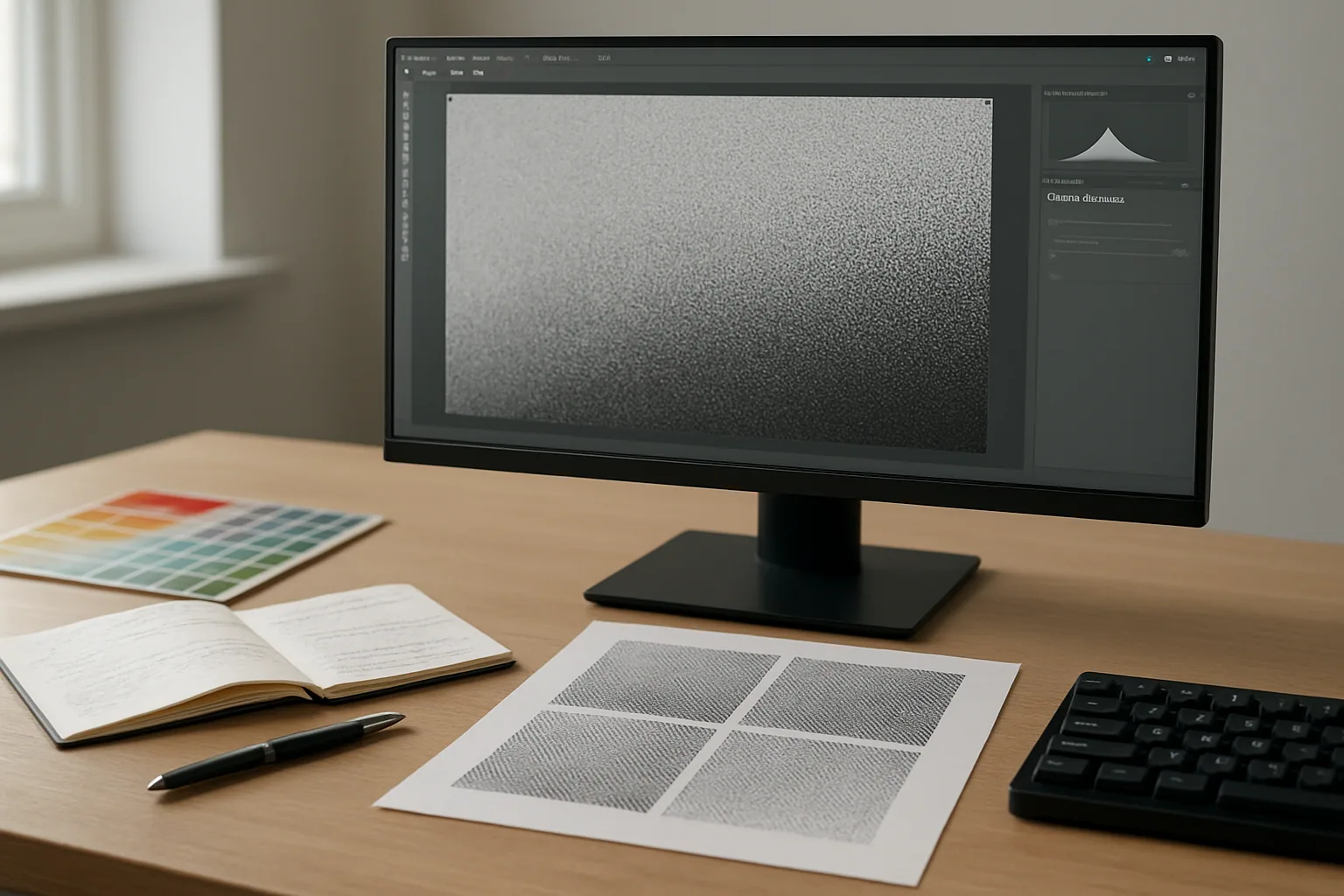 Una mesa de trabajo con una pantalla mostrando una imagen en escala de grises junto a una impresión con patrón de dithering ordenado y herramientas de diseño alrededor.
