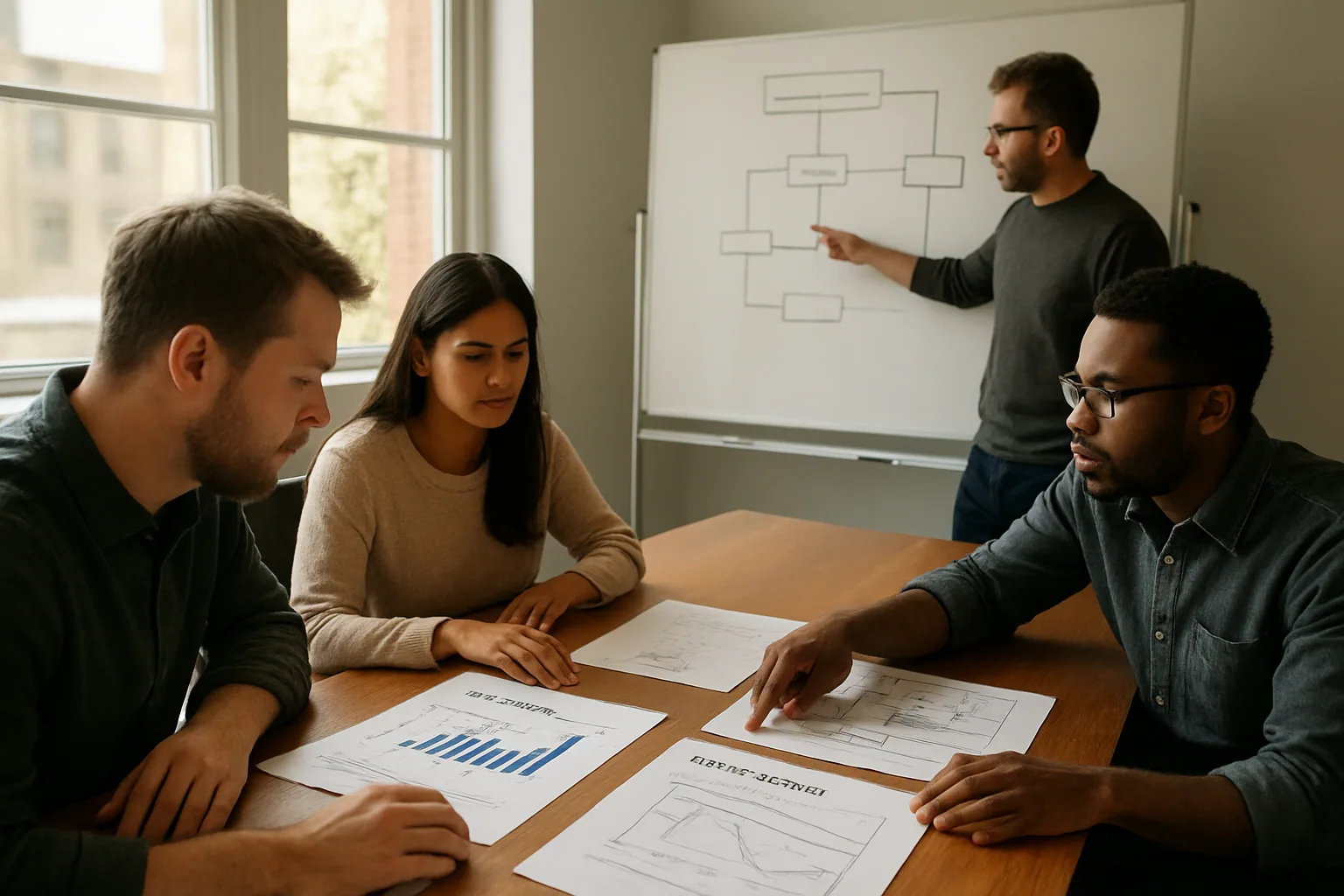 Un equipo técnico revisa métricas de tokens y latencia en una sala de trabajo con pizarras, monitores y diagramas de flujo de agentes.