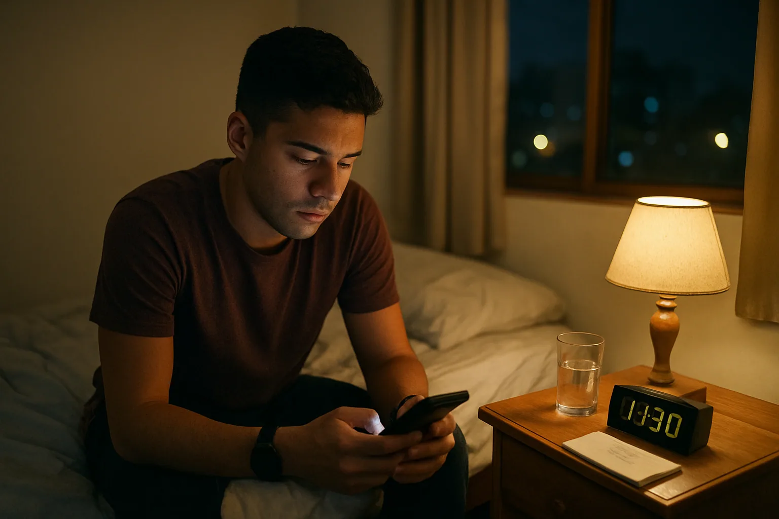 Una persona mira el reloj de noche junto a una cama desordenada y un celular con notificaciones apagadas, en una habitación tenue.