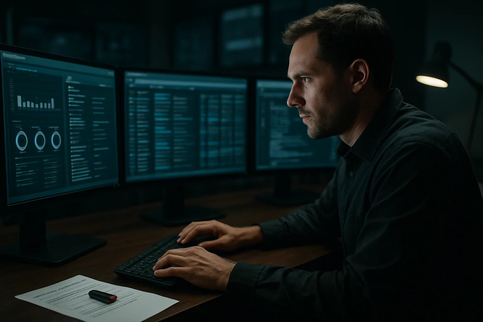 Un analista de ciberseguridad revisa alertas en una sala de operaciones frente a monitores con paneles de seguridad y registros de eventos.