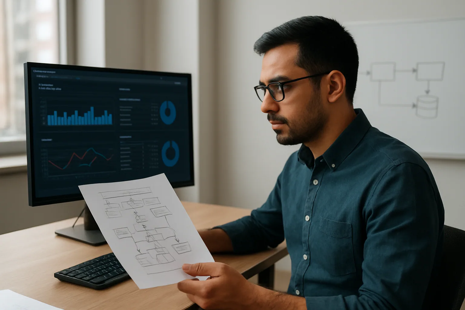 Una persona revisa una consulta SQL y métricas en una sala de trabajo con pantallas de análisis de datos y un diagrama de arquitectura al fondo.