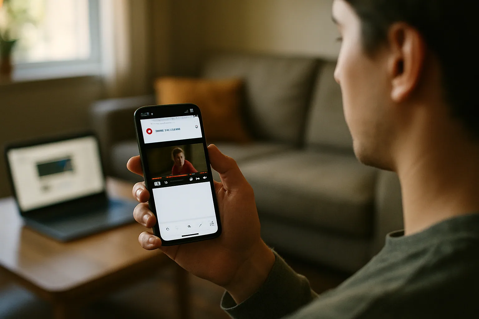 Una persona usa un teléfono con el navegador DuckDuckGo abierto mientras mira un video de YouTube en una sala iluminada por la tarde, con la interfaz de reproducción en pantalla.