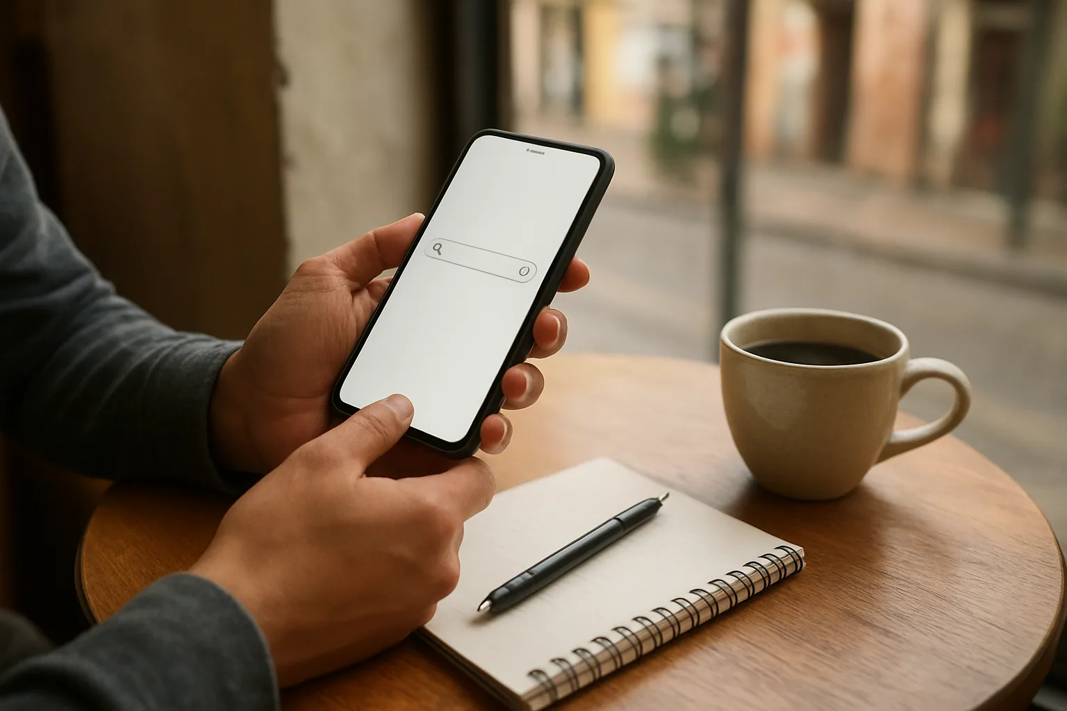 Una persona usa un teléfono en una mesa de café mientras en la pantalla se ve un buscador simple y sin elementos de IA, con una libreta y una taza al lado.