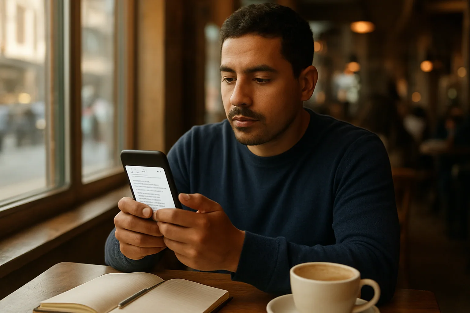 Una persona usa un teléfono en una cafetería mientras en la pantalla se ve una página de resultados de DuckDuckGo con filtros de búsqueda, en un entorno urbano cotidiano.