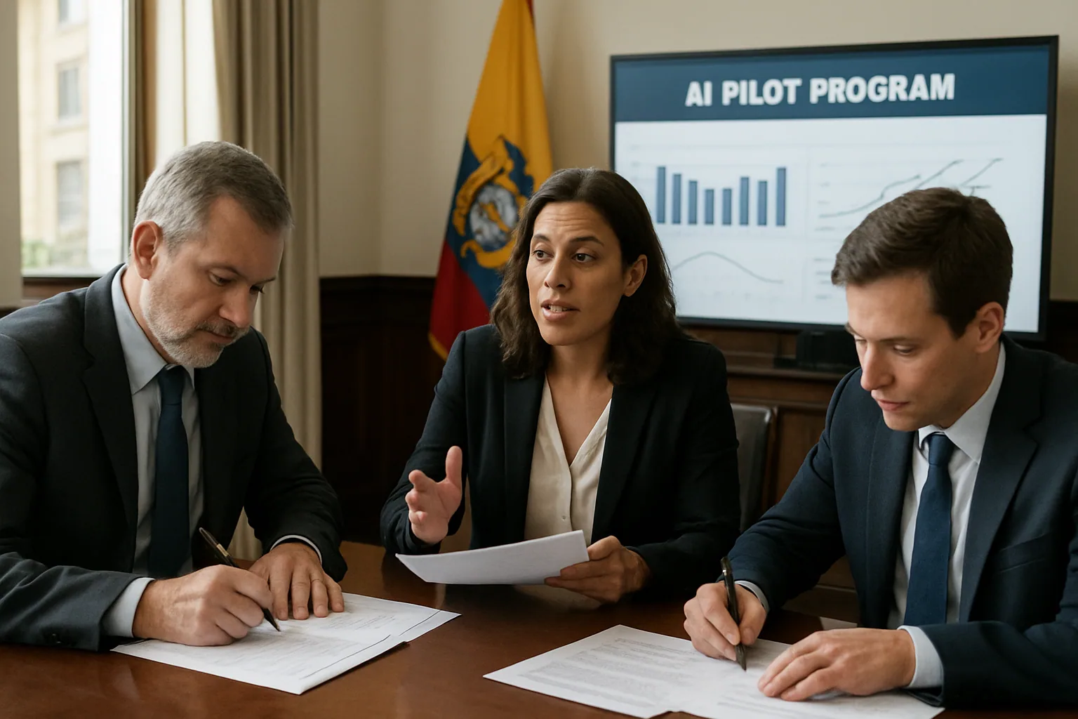 Una sala de reuniones en Quito con funcionarios y especialistas revisando documentos y pantallas durante una prueba controlada de inteligencia artificial.