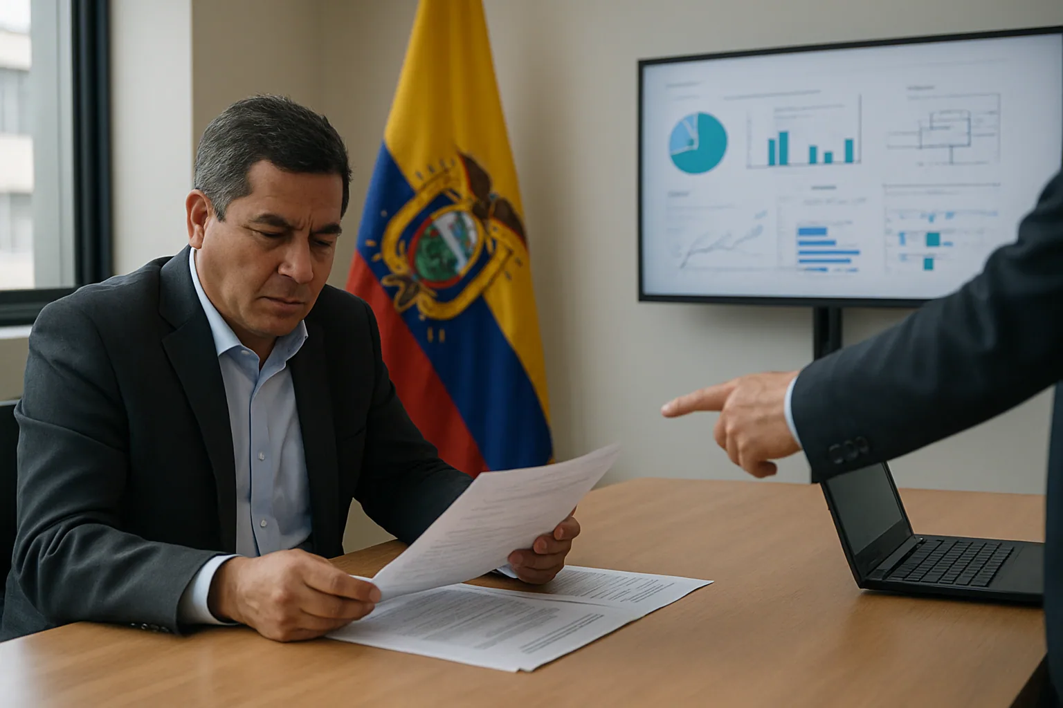 Un funcionario revisa documentos de política pública en una mesa de trabajo junto a una pantalla con gráficos de datos y una bandera de Ecuador al fondo.