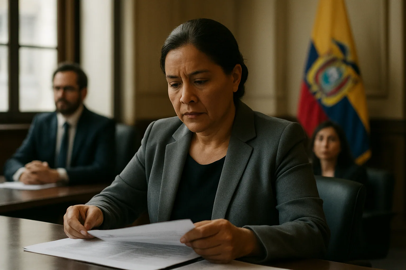 Una funcionaria revisa documentos de política pública en una mesa de trabajo mientras al fondo se ve una sala de reuniones gubernamental con pantallas y papeles.