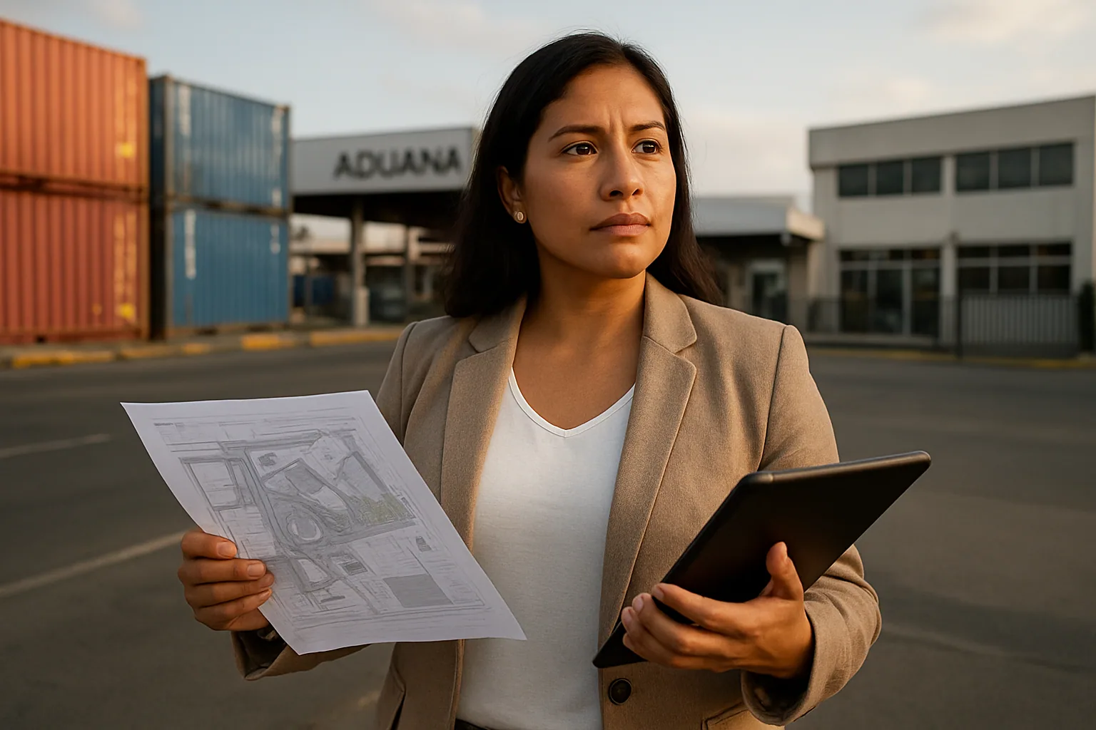 Una ejecutiva revisa planos de un parque industrial en Ecuador mientras al fondo se ven contenedores, grúas y un edificio de oficinas moderno.