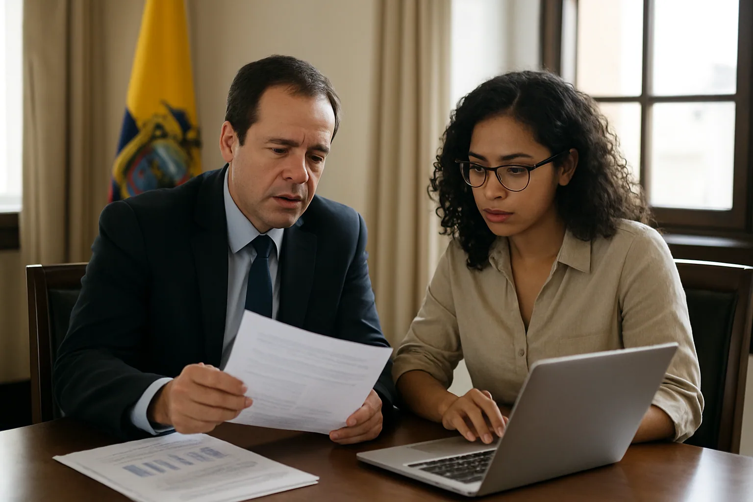 Una funcionaria y un técnico revisan documentos sobre inteligencia artificial en una sala de reuniones institucional en Quito, con banderas de Ecuador al fondo.