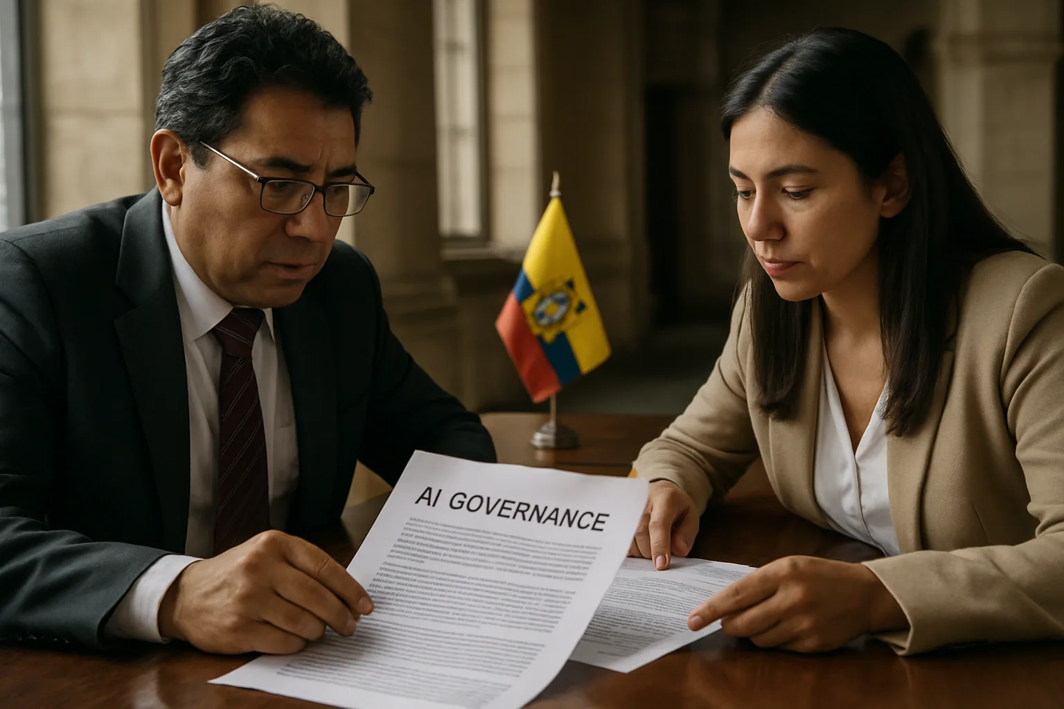 Una persona revisa documentos de política tecnológica en una mesa de trabajo con una bandera de Ecuador al fondo y una pantalla con gráficos de IA desenfocados.
