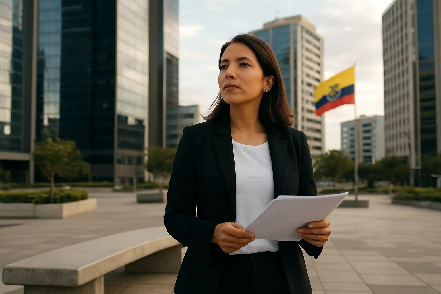 Una vista de un parque empresarial en Ecuador con edificios modernos, una persona revisando documentos y una bandera ecuatoriana al fondo.