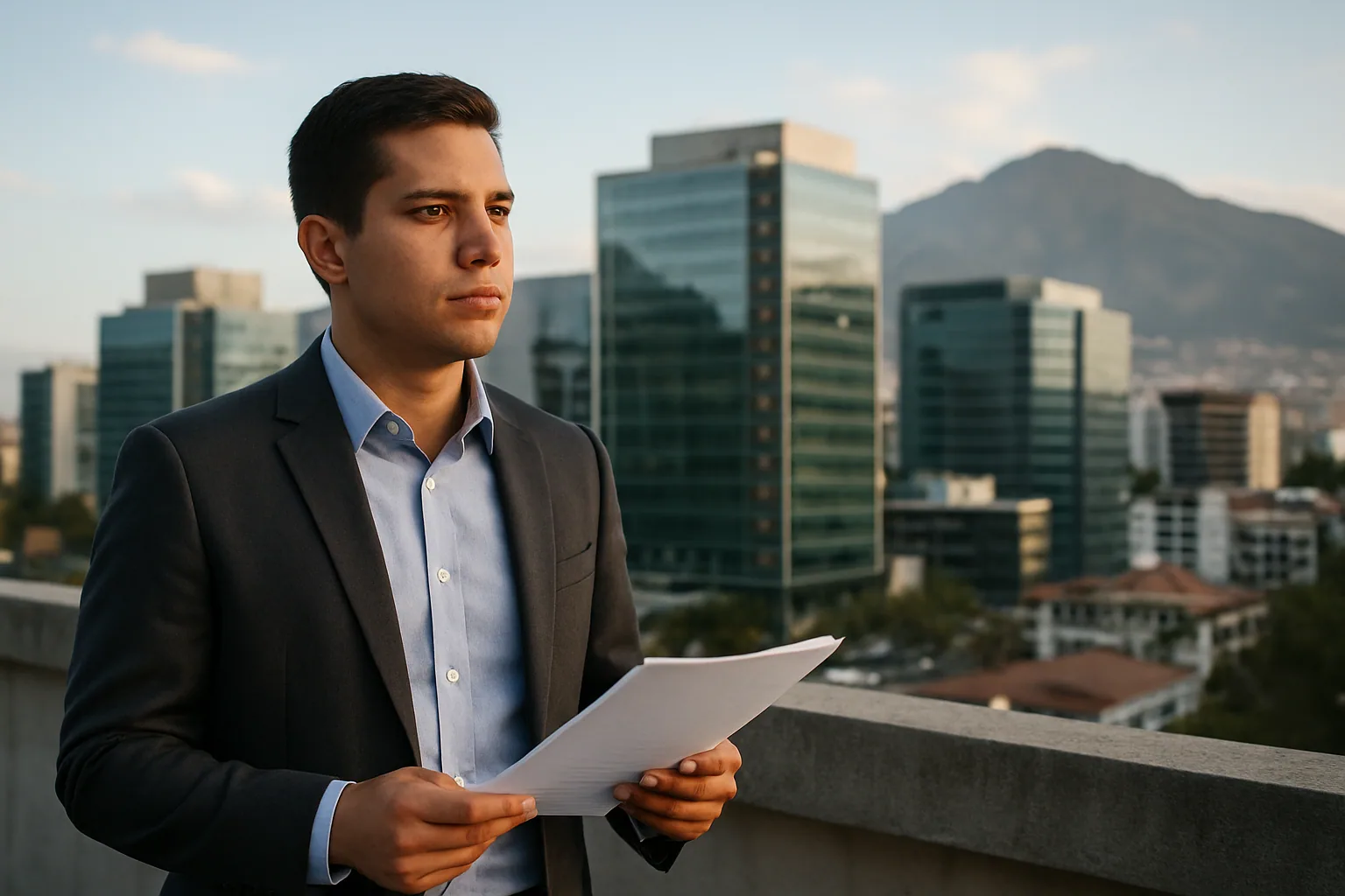 Una vista de un distrito empresarial en Quito con edificios modernos, tráfico urbano y una persona revisando un plan de negocio en una mesa al aire libre.