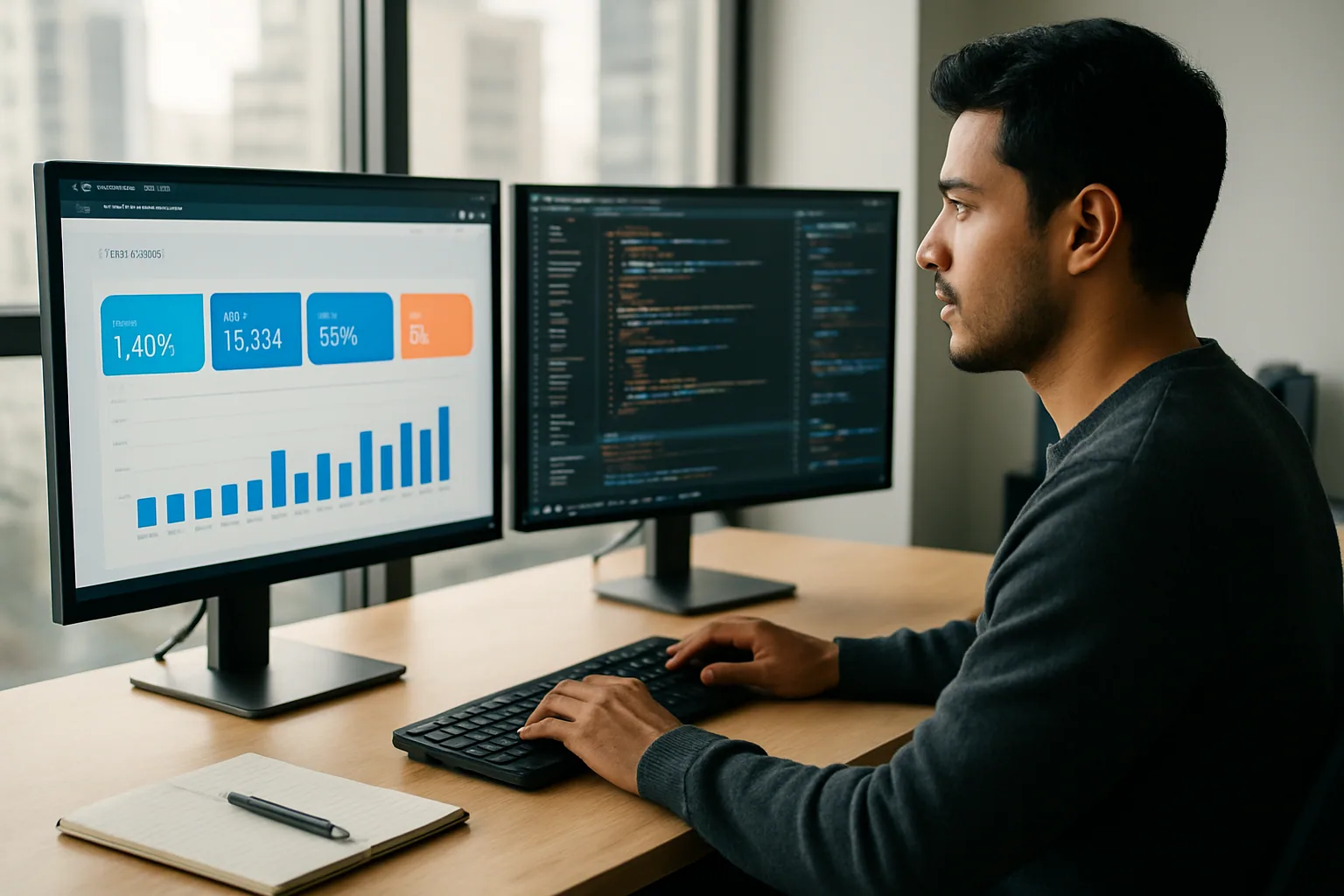 Una persona revisa una aplicación web en Microsoft Edge mientras trabaja en un escritorio con dos monitores y herramientas de desarrollo abiertas.