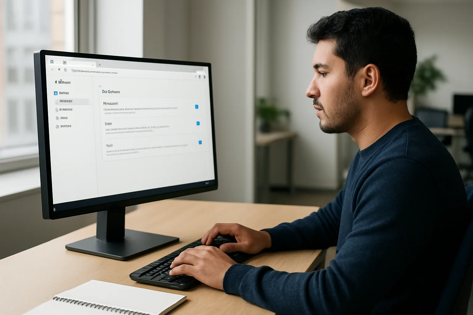 Una persona usa Microsoft Edge en una oficina con luz natural mientras revisa un panel de configuración de IA local en una PC con Windows.