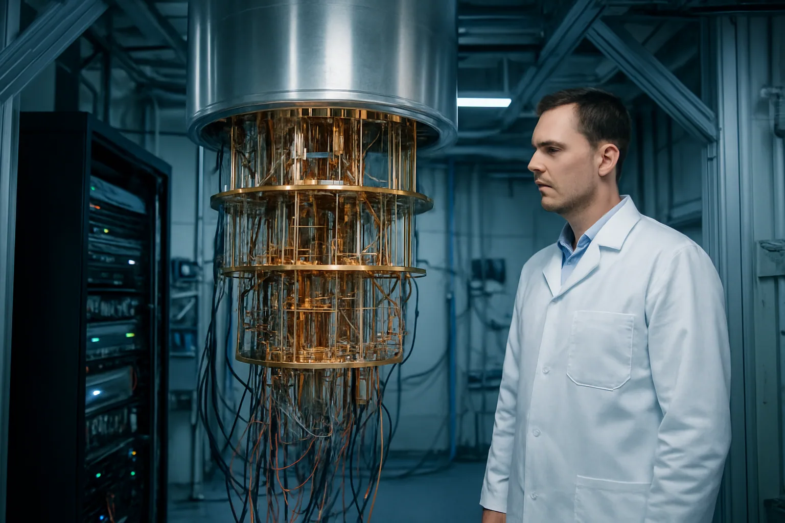 Un laboratorio de computación cuántica con un técnico revisando un criostato y equipos de medición junto a bastidores de electrónica en una sala limpia.