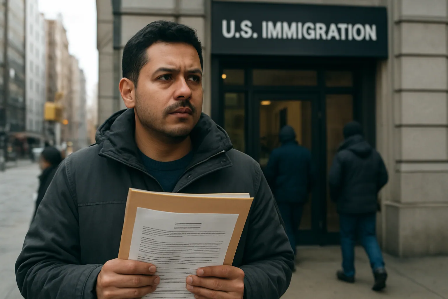 Una persona con documentos migratorios en la mano espera frente a una oficina de inmigración en Estados Unidos mientras mira su celular.
