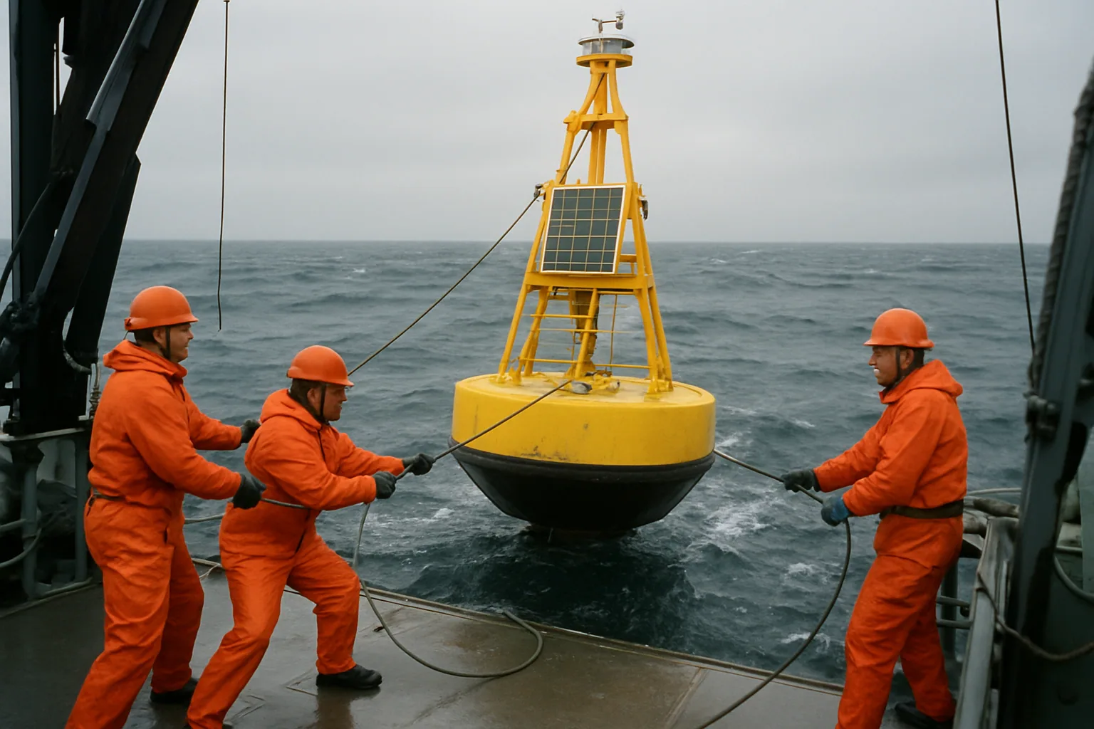 Un barco de investigación opera en mar abierto junto a una boya oceanográfica con antenas y sensores, bajo cielo nublado.