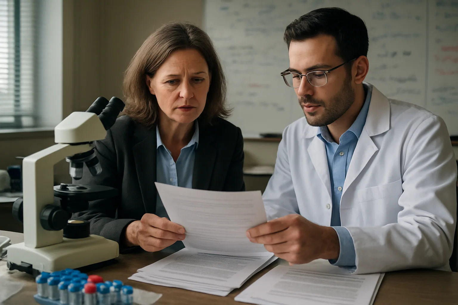 Una investigadora revisa documentos de presupuesto junto a equipos de laboratorio en una universidad, con frascos y microscopio al fondo.