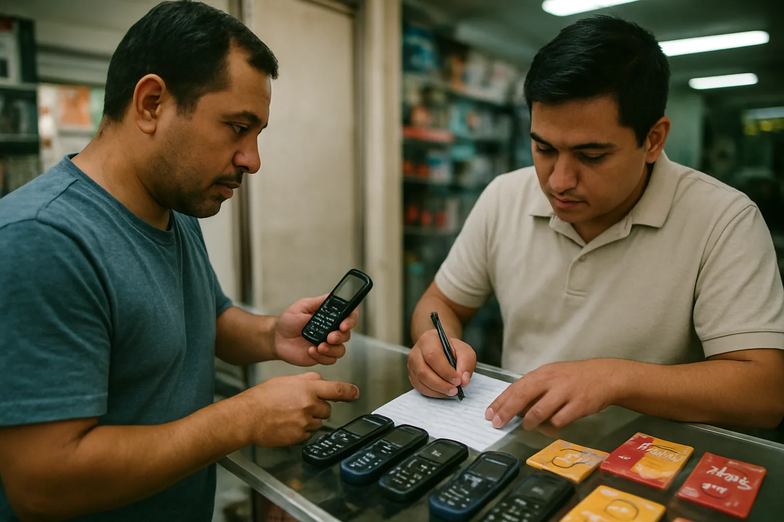 Una persona compra un teléfono prepago en un mostrador de tienda mientras un empleado revisa un documento de identidad y varios móviles sencillos están exhibidos detrás.
