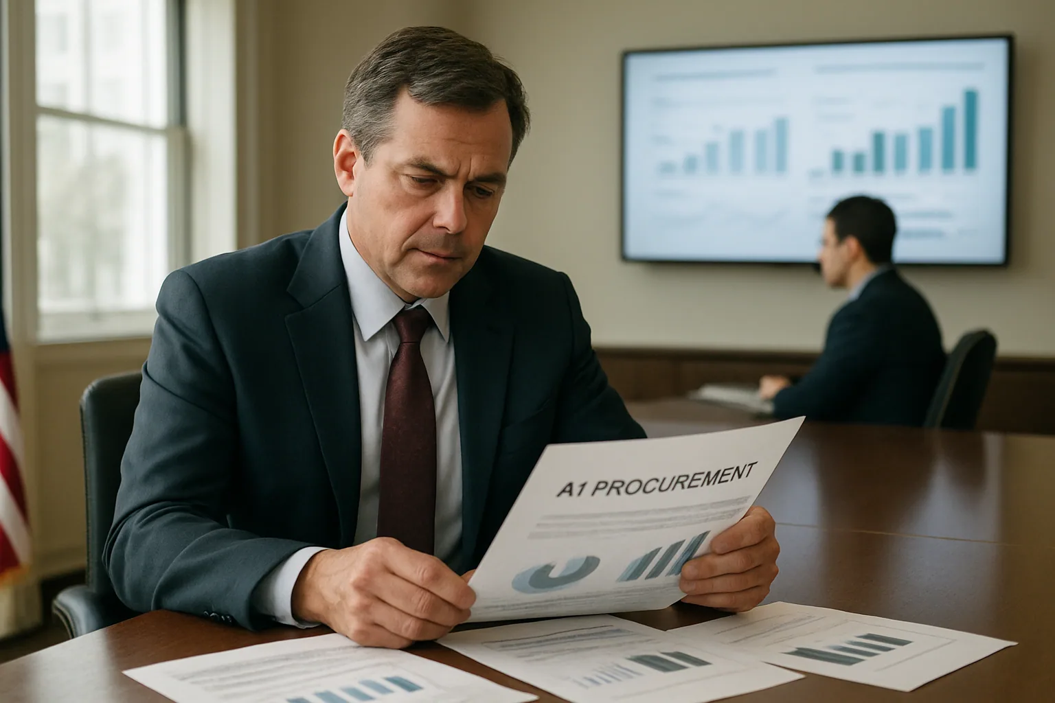 Un funcionario revisa documentos sobre una mesa en un despacho gubernamental mientras una pantalla al fondo muestra gráficos de políticas tecnológicas.