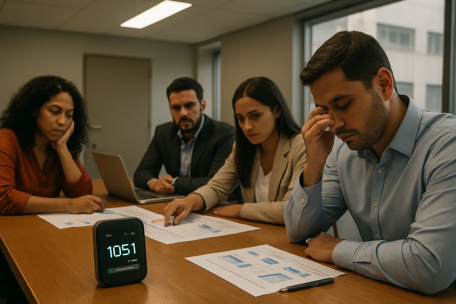 Una persona trabajando en una oficina con varias ventanas cerradas, un medidor de CO2 sobre la mesa y otras personas al fondo en una sala de reuniones.