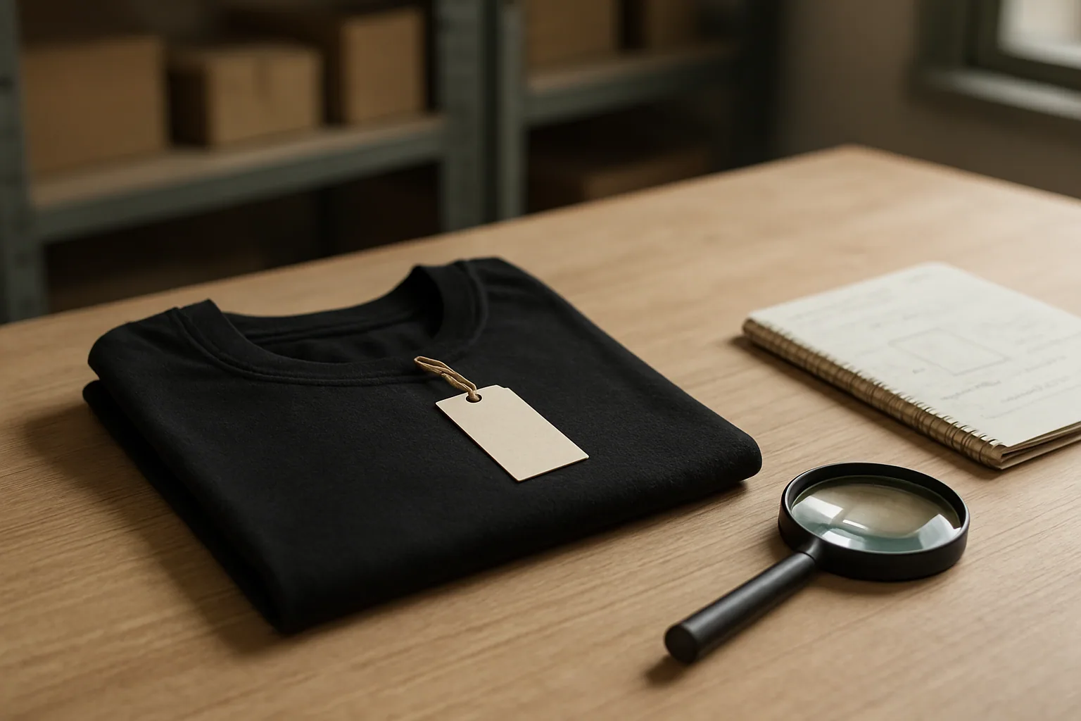 Una camiseta negra doblada sobre una mesa junto a una lupa, una etiqueta de tienda y una libreta con notas técnicas.
