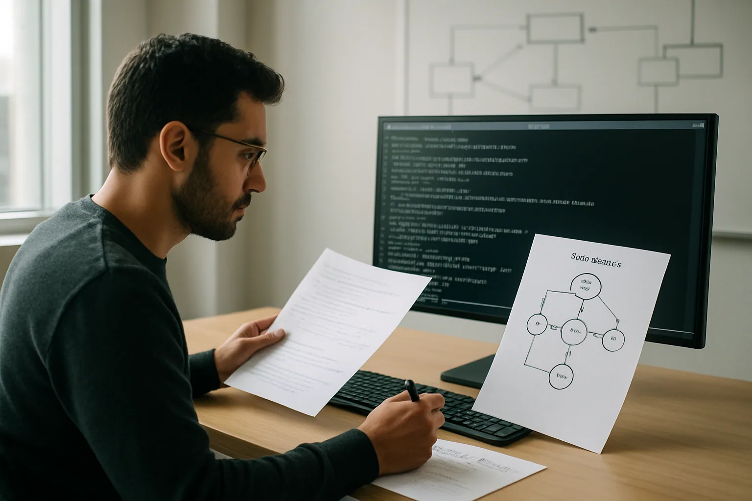 Un ingeniero revisa notas técnicas junto a una pizarra con diagramas de estados y una base de datos SQLite abierta en una terminal.