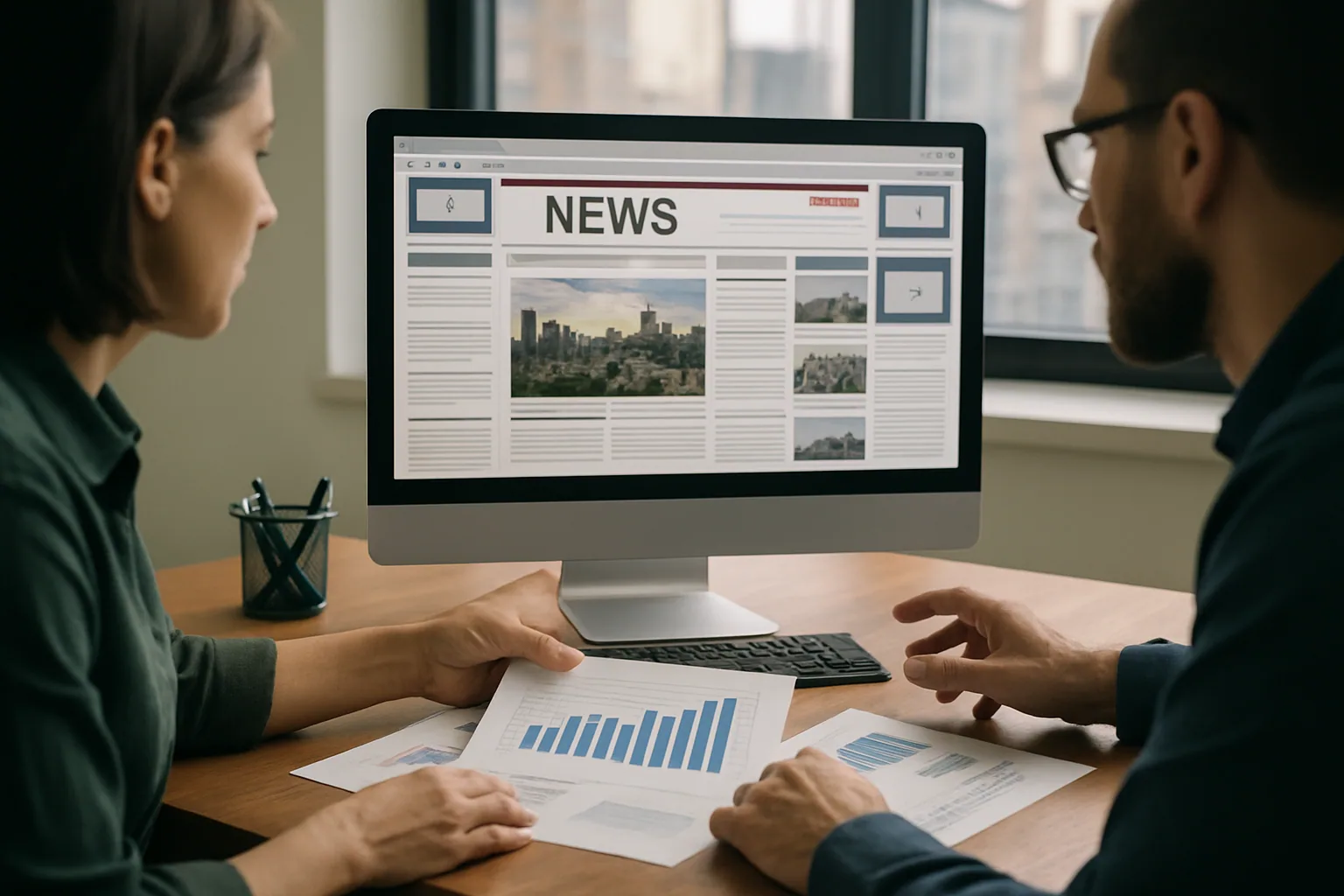 Una persona mira una página web en un monitor mientras aparecen varios espacios publicitarios integrados en la interfaz del navegador.