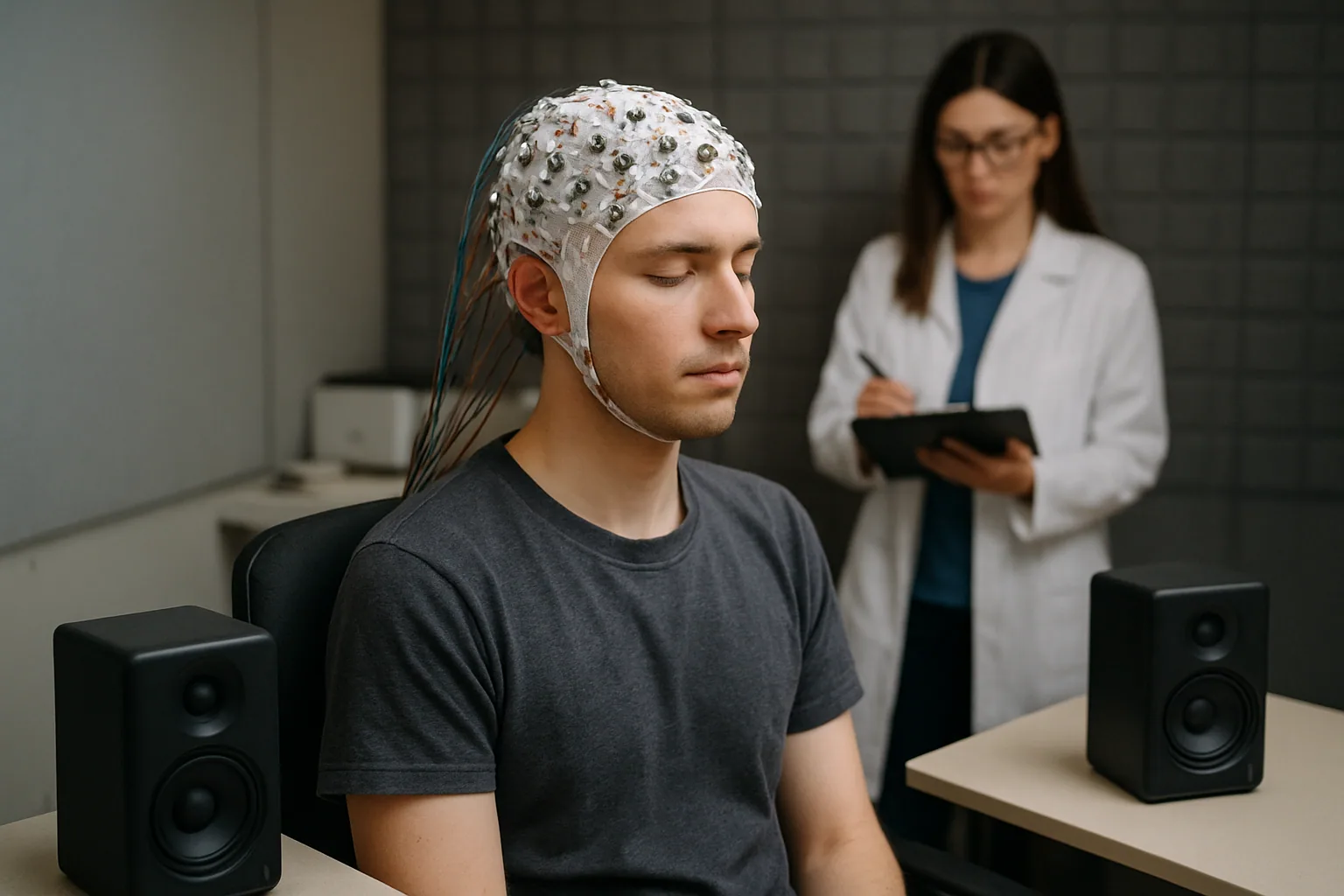Una persona sentada con electrodos EEG en la cabeza mientras escucha dos altavoces colocados a ambos lados en una sala de laboratorio.