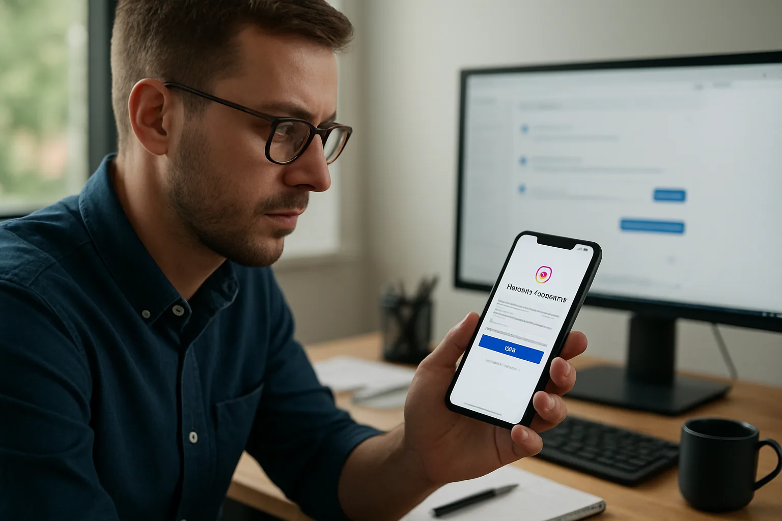 Una persona revisa en su teléfono una cuenta de Instagram mientras en una pantalla cercana aparece una interfaz de soporte de Meta, en una oficina con luz natural.