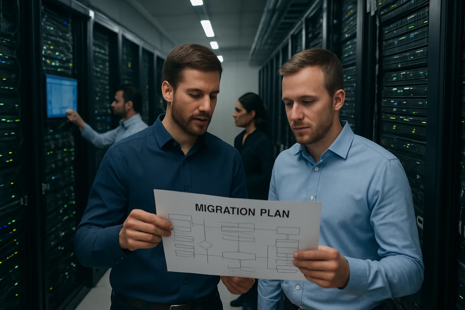 Una sala de servidores empresarial con racks encendidos mientras un equipo de TI revisa un plan de migración en una pantalla de monitoreo.