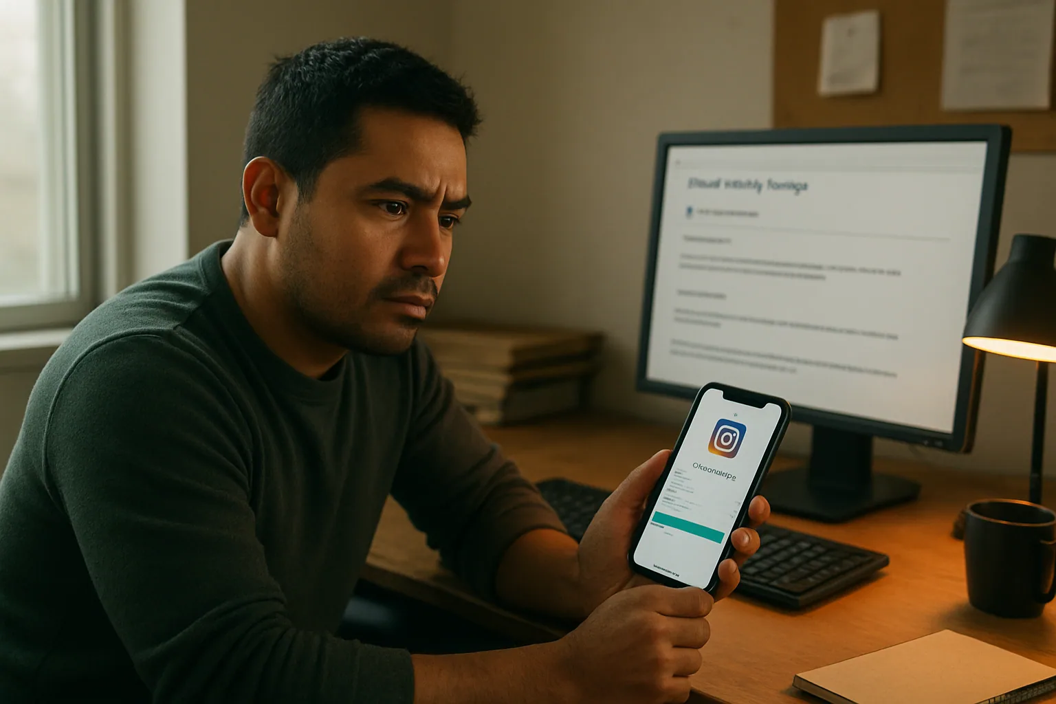 Una persona revisa su celular con Instagram abierto mientras en la pantalla aparece un aviso de seguridad y una computadora con paneles de cuenta al fondo.