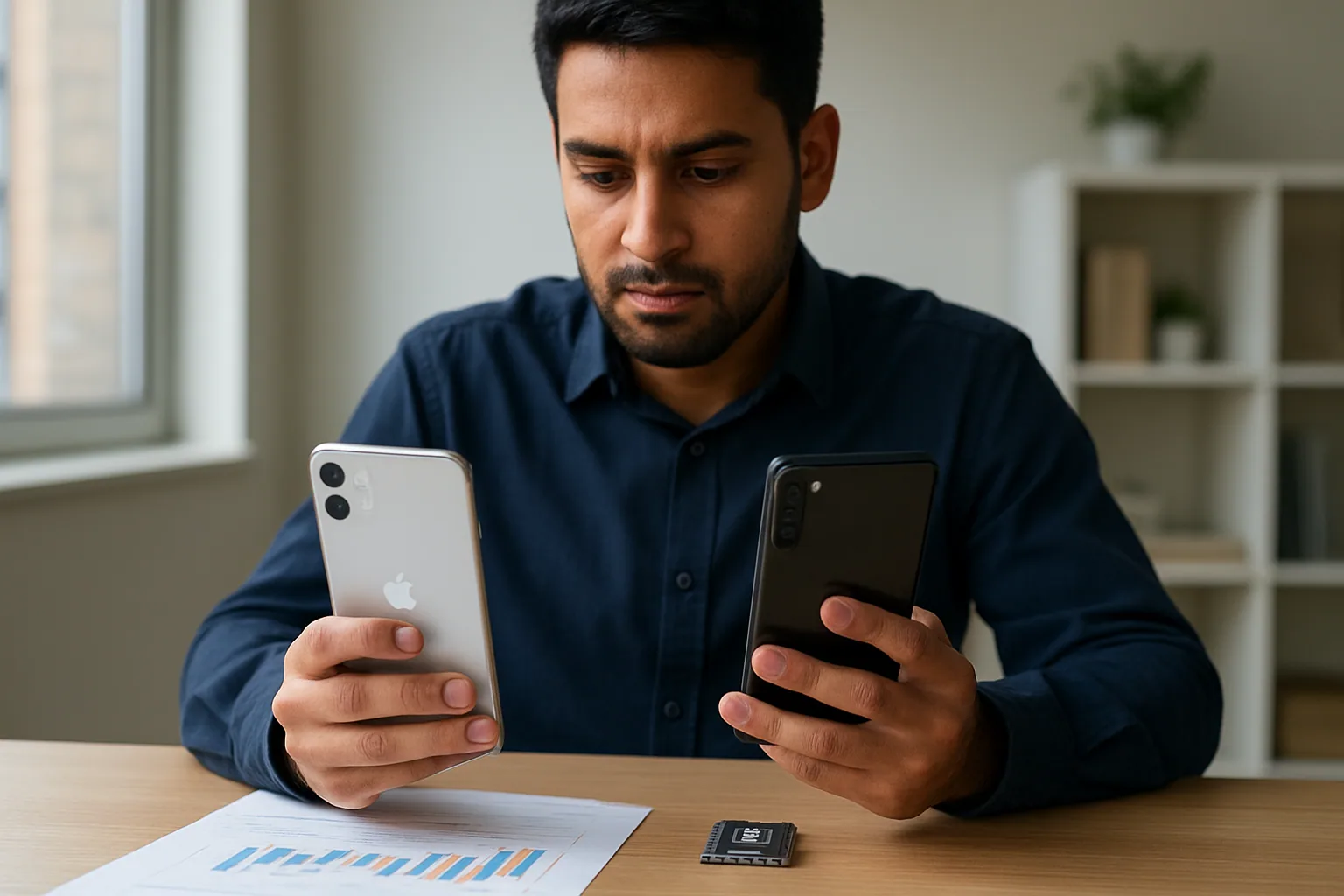 Un iPhone sobre una mesa junto a un teléfono Android y un chip de IA, con una persona revisando ambos equipos en una oficina moderna.