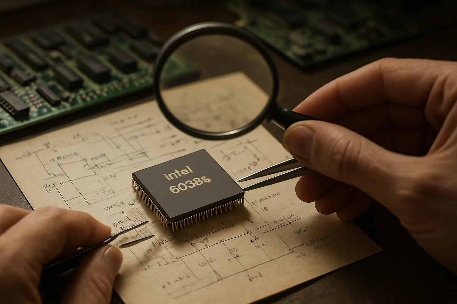 Una placa madre antigua con un procesador Intel 80386 junto a herramientas de laboratorio y notas técnicas sobre una mesa de trabajo.
