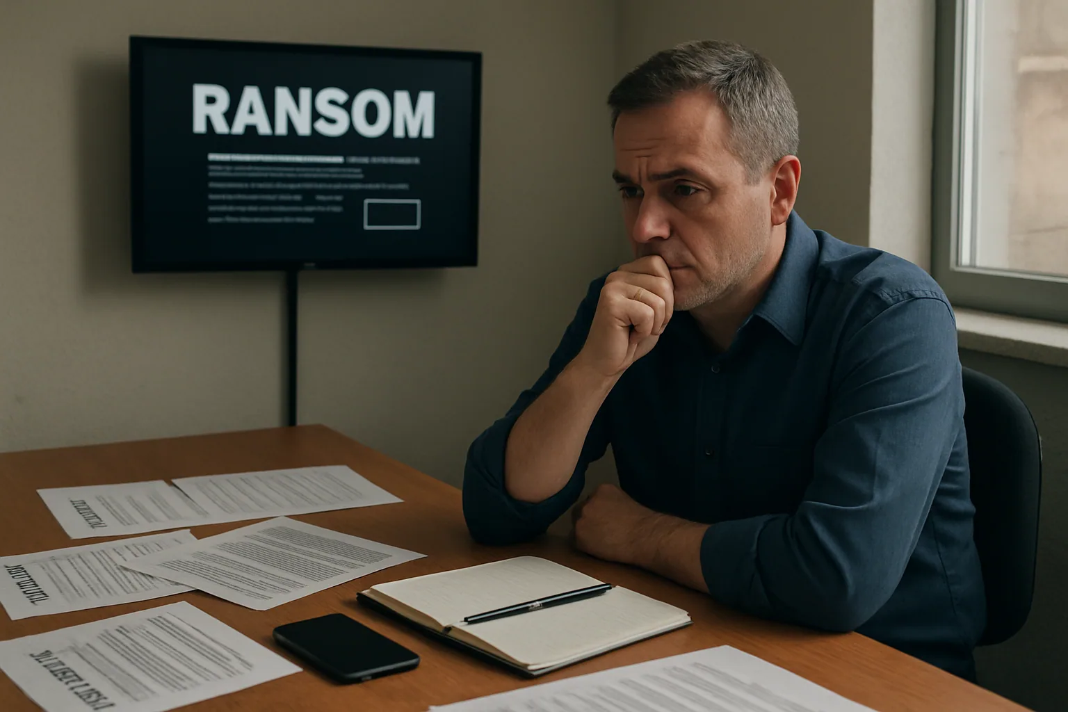 Un negociador de ransomware revisa documentos impresos en una oficina sobria mientras una pantalla muestra un aviso de extorsión digital.