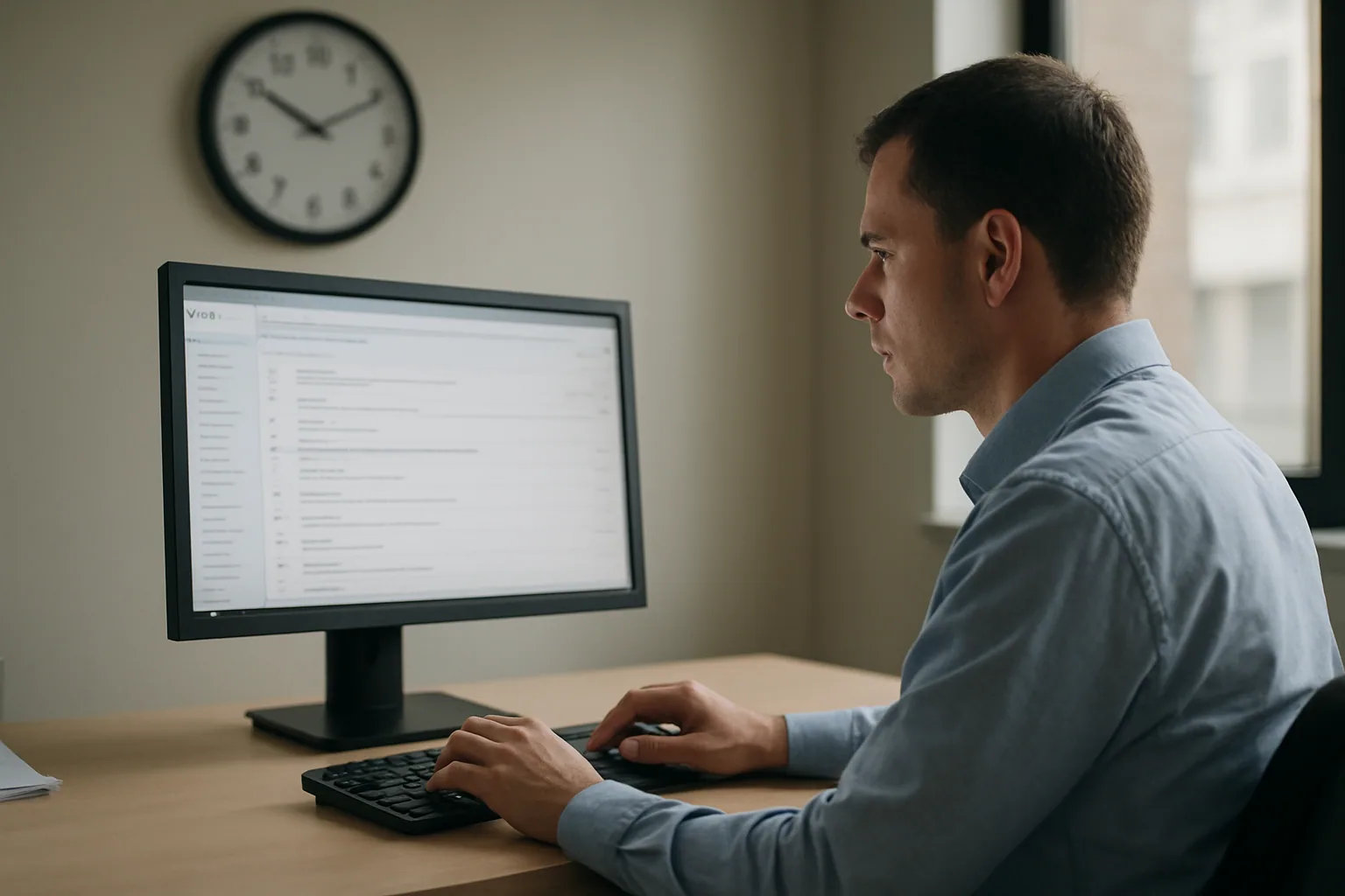 Una persona en una oficina mira una pantalla con Outlook abierto mientras un reloj de pared marca el paso del tiempo, con un entorno de trabajo corporativo al fondo.
