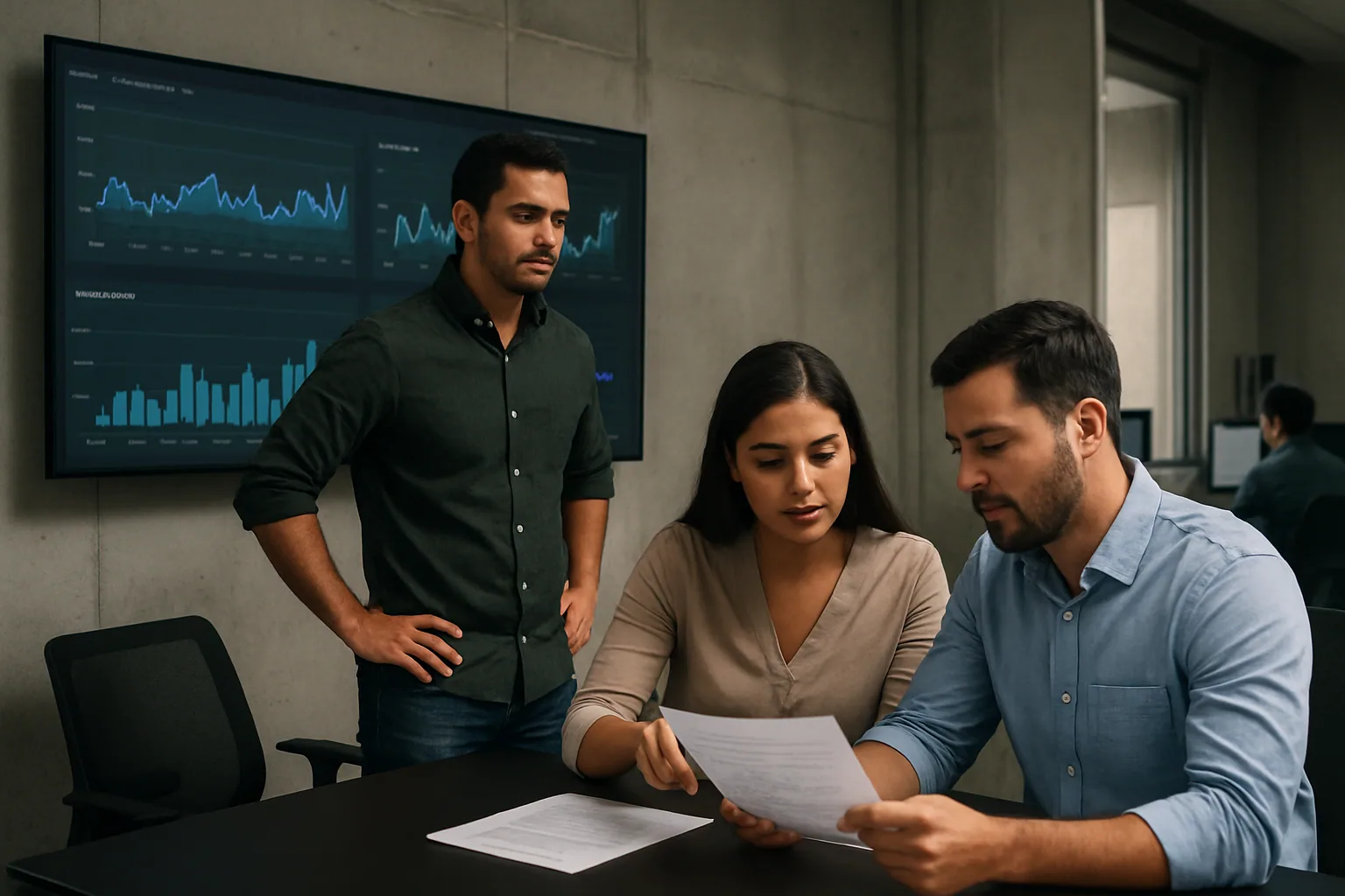 Una persona revisa métricas de consumo y alertas en un panel de observabilidad dentro de una oficina técnica, con un equipo discutiendo costos de software al fondo.