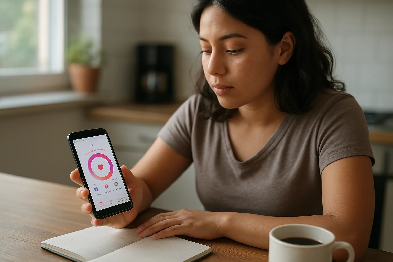 Una persona revisa una app de ciclo menstrual en su teléfono mientras sostiene una taza de café en una mesa de casa, con luz natural de ventana.