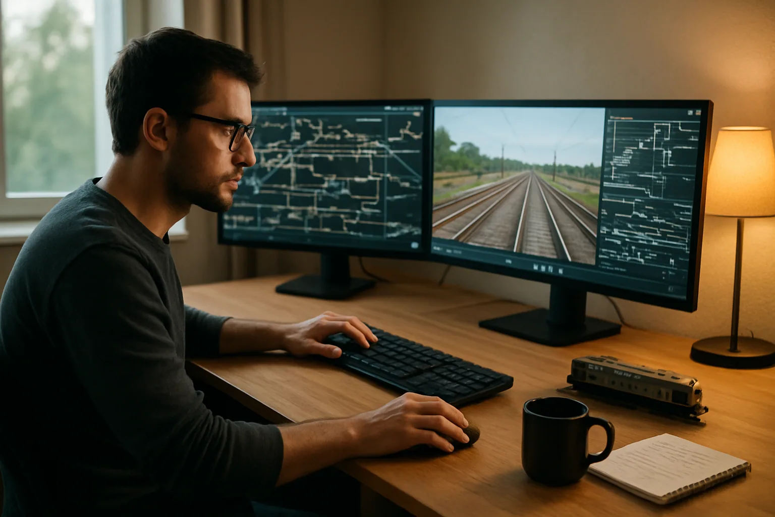 Un desarrollador trabaja frente a un monitor con un simulador de trenes abierto, mientras en una pantalla se ve una red ferroviaria detallada con estaciones, vías y señales.