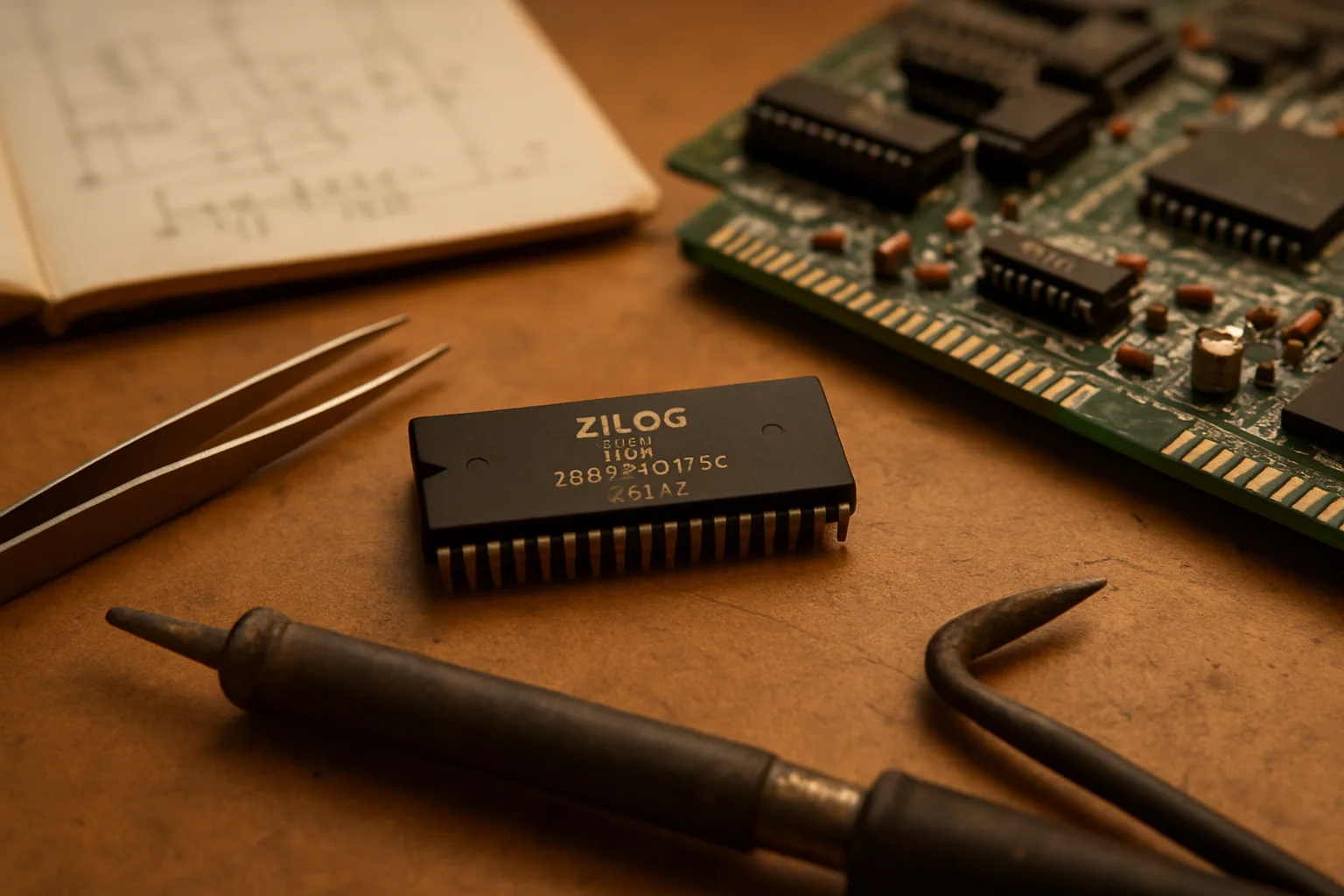 Un chip Z80 sobre una placa electrónica junto a una computadora retro y herramientas de laboratorio, en una mesa de trabajo.