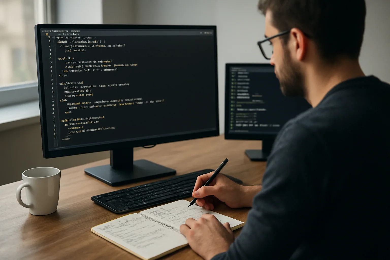 Una persona revisa código de Elixir en una pantalla de escritorio en una oficina moderna, con notas adhesivas y una taza de café al lado.